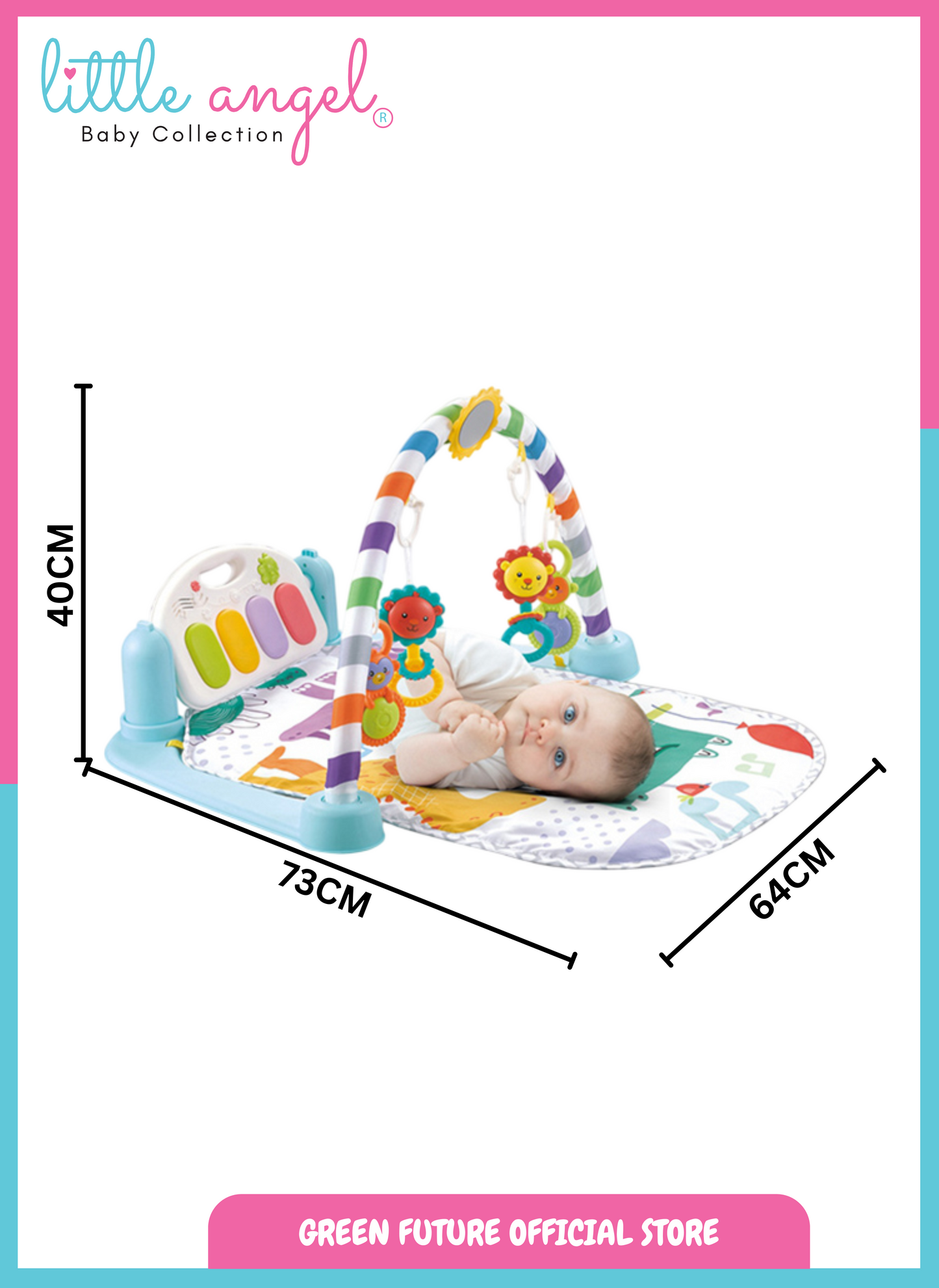 Little Angel Baby Play Mat Gym Bluetooth Music & Hanging Toys for Sensory Development - Blue