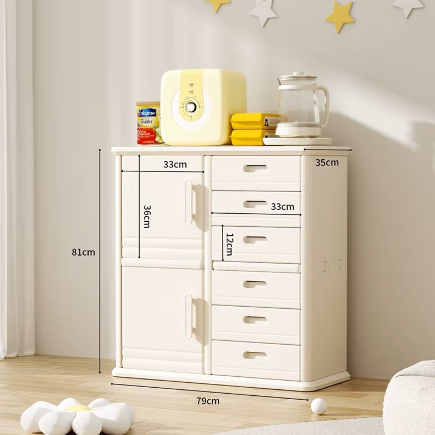 Baby Storage Rack Nursery Organizer Cabinet with Drawers and Shelves - Beige
