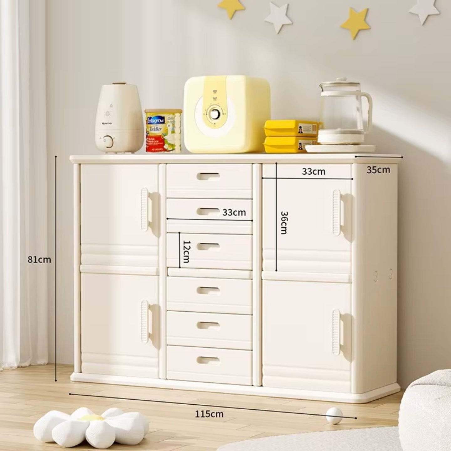Baby Storage Rack Nursery Organizer Cabinet with Drawers and Large Shelves - Beige