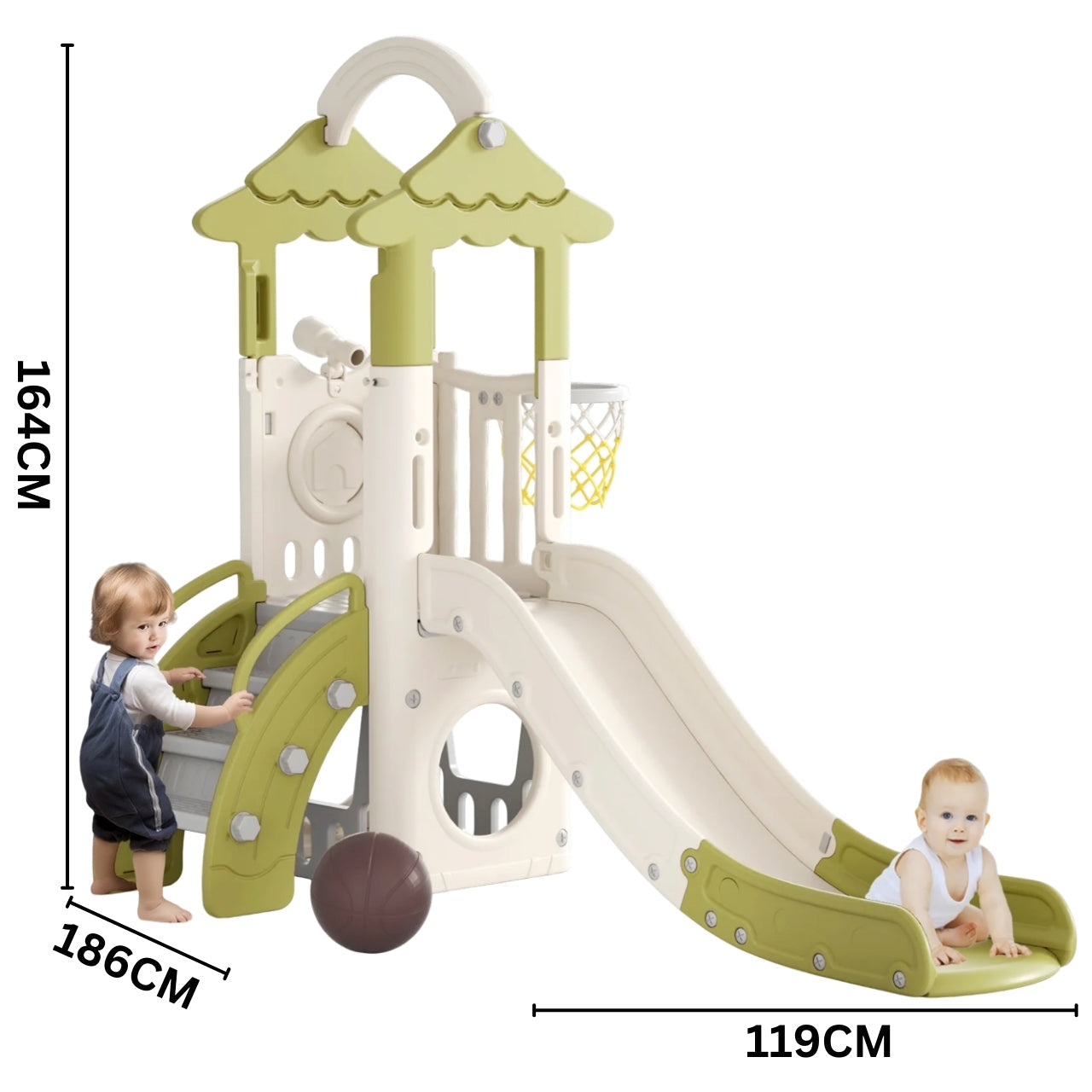 Little Angel Kids Slide, Climber & Basketball Hoop - Coffee/Green
