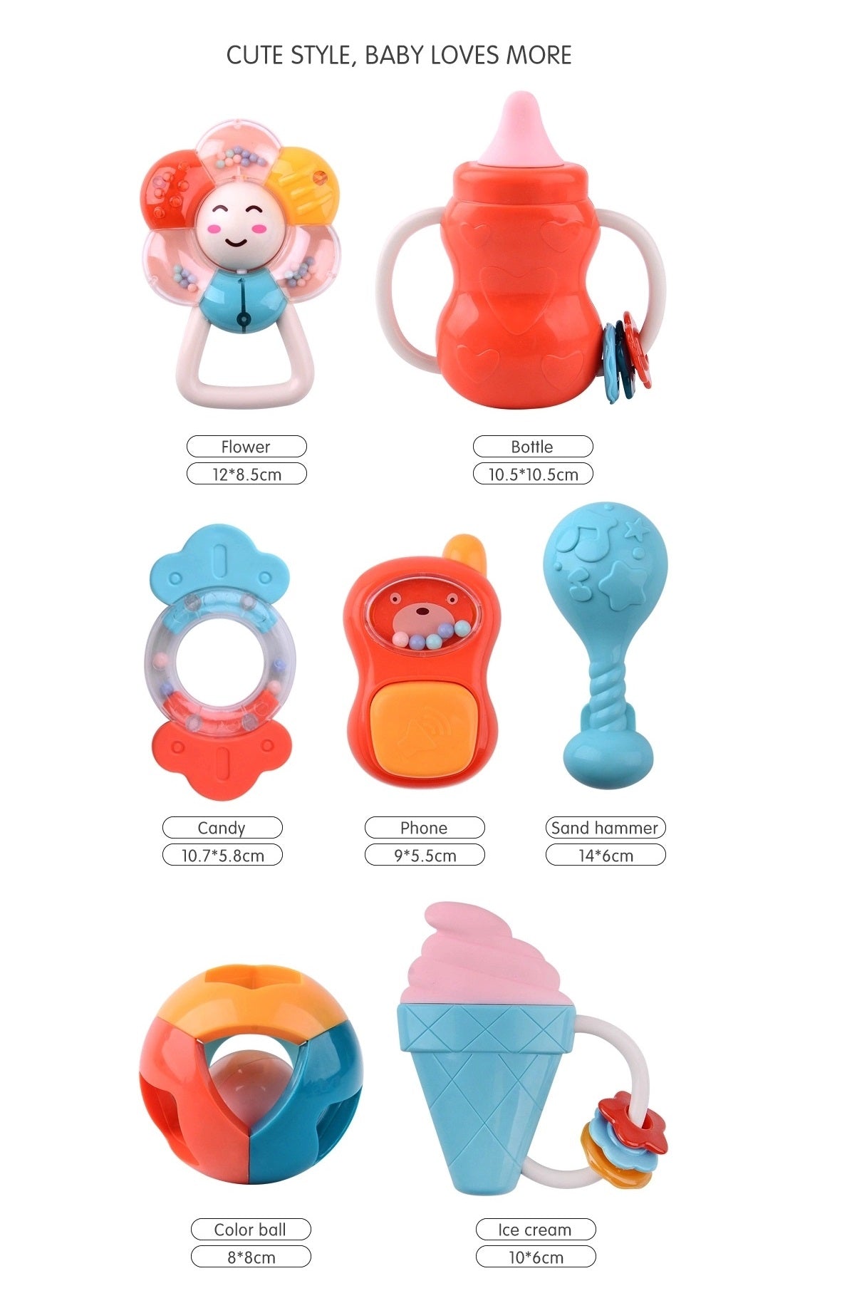 Huanger - Baby Rattles & Teether Sensory Set 8pcs - Multicolor