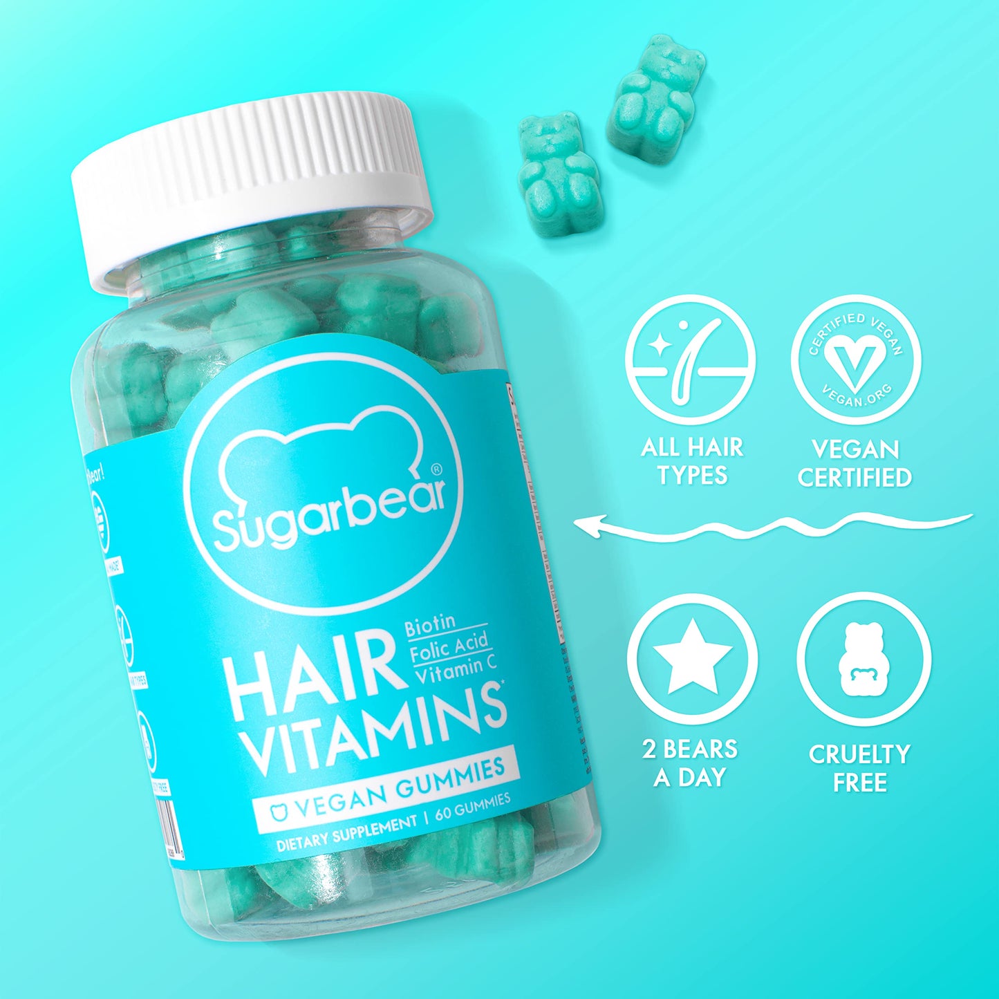 SugarBear Vegan Hair Vitamins with Biotin, Vitamin D, Vitamin B-12, Folic Acid, Vitamin A - 60 Gummies
