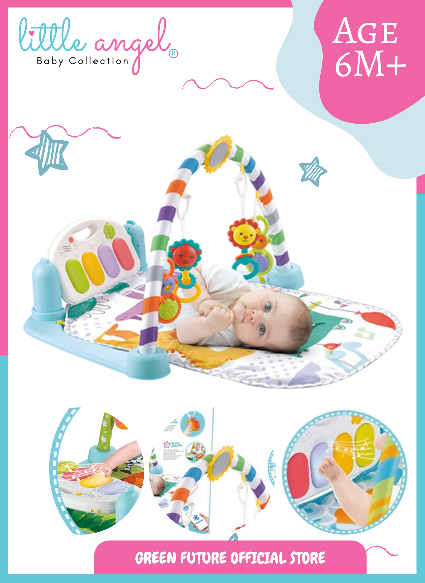 Little Angel Baby Play Mat Gym Bluetooth Music & Hanging Toys for Sensory Development - Blue