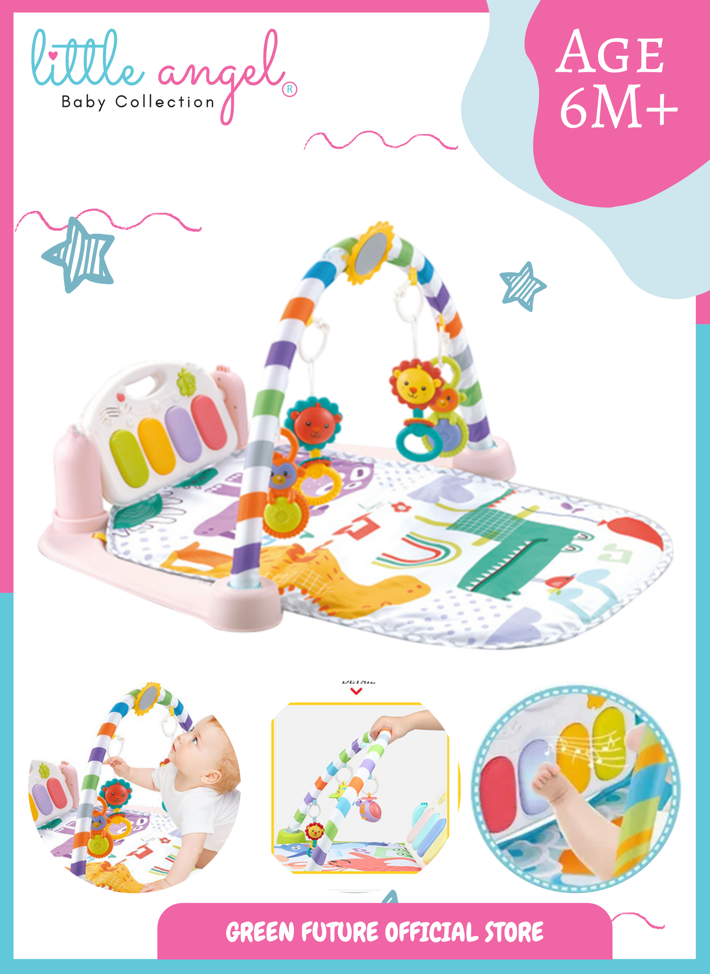 Little Angel Baby Play Mat Gym Bluetooth Music & Hanging Toys for Sensory Development - Pink