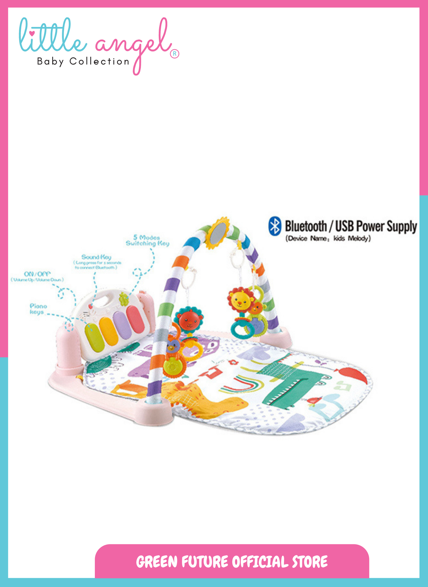 Little Angel Baby Play Mat Gym Bluetooth Music & Hanging Toys for Sensory Development - Pink