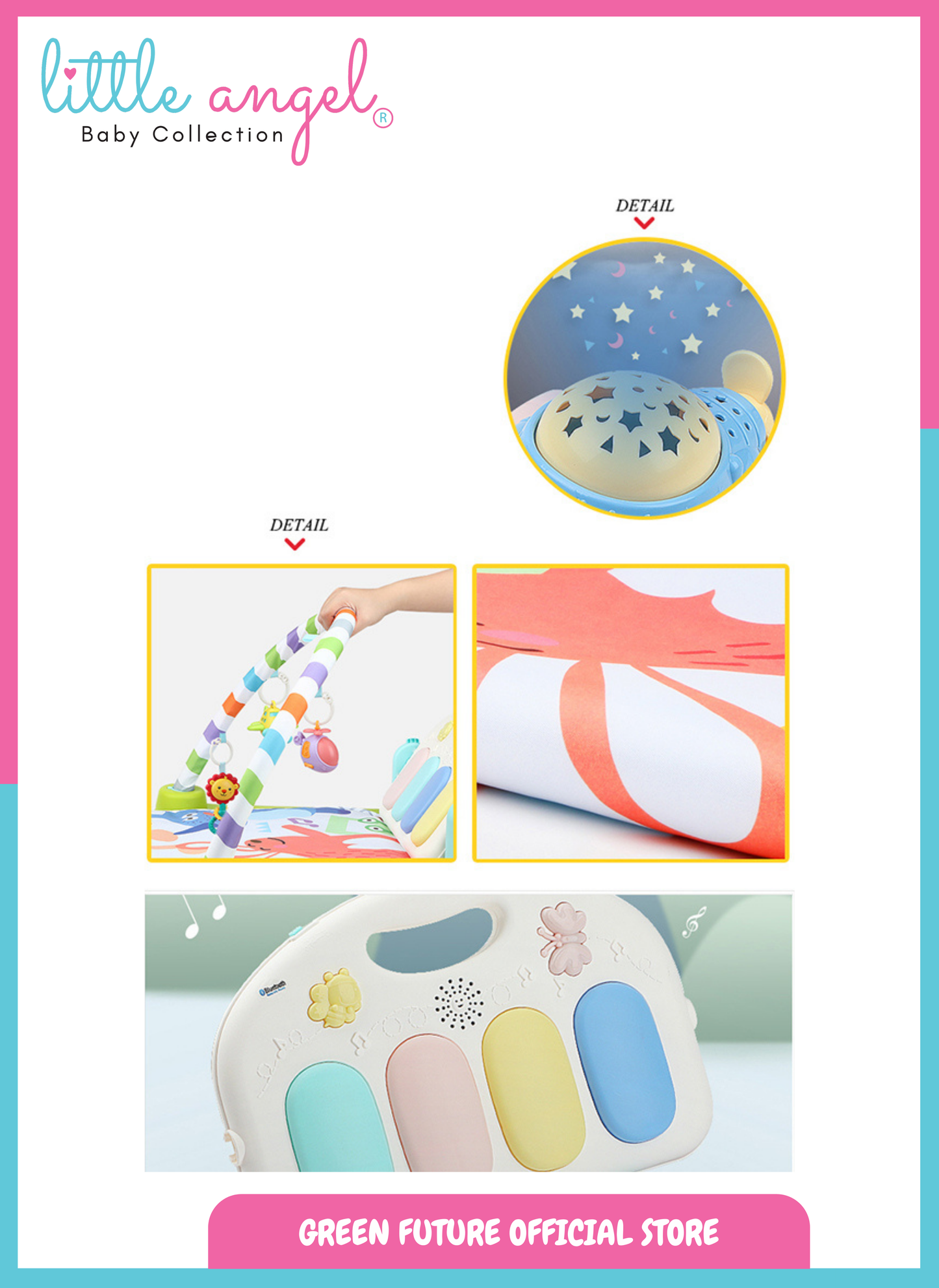 Little Angel Baby Play Mat Gym Bluetooth Music & Hanging Toys for Sensory Development - Pink