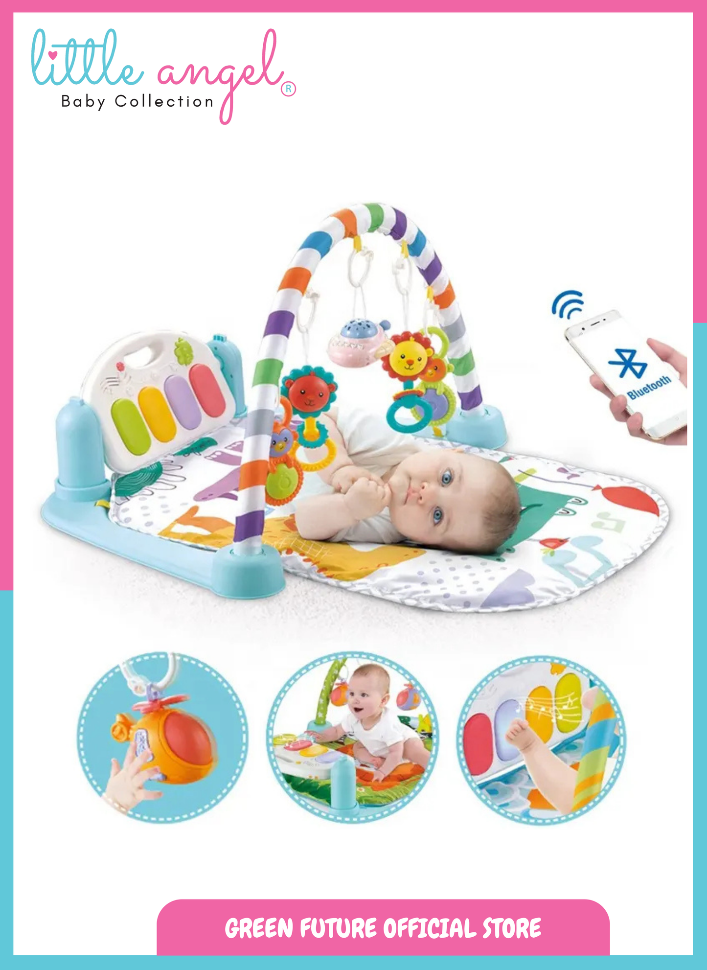 Little Angel Baby Play Mat Gym Bluetooth Music & Hanging Toys for Sensory Development - Blue