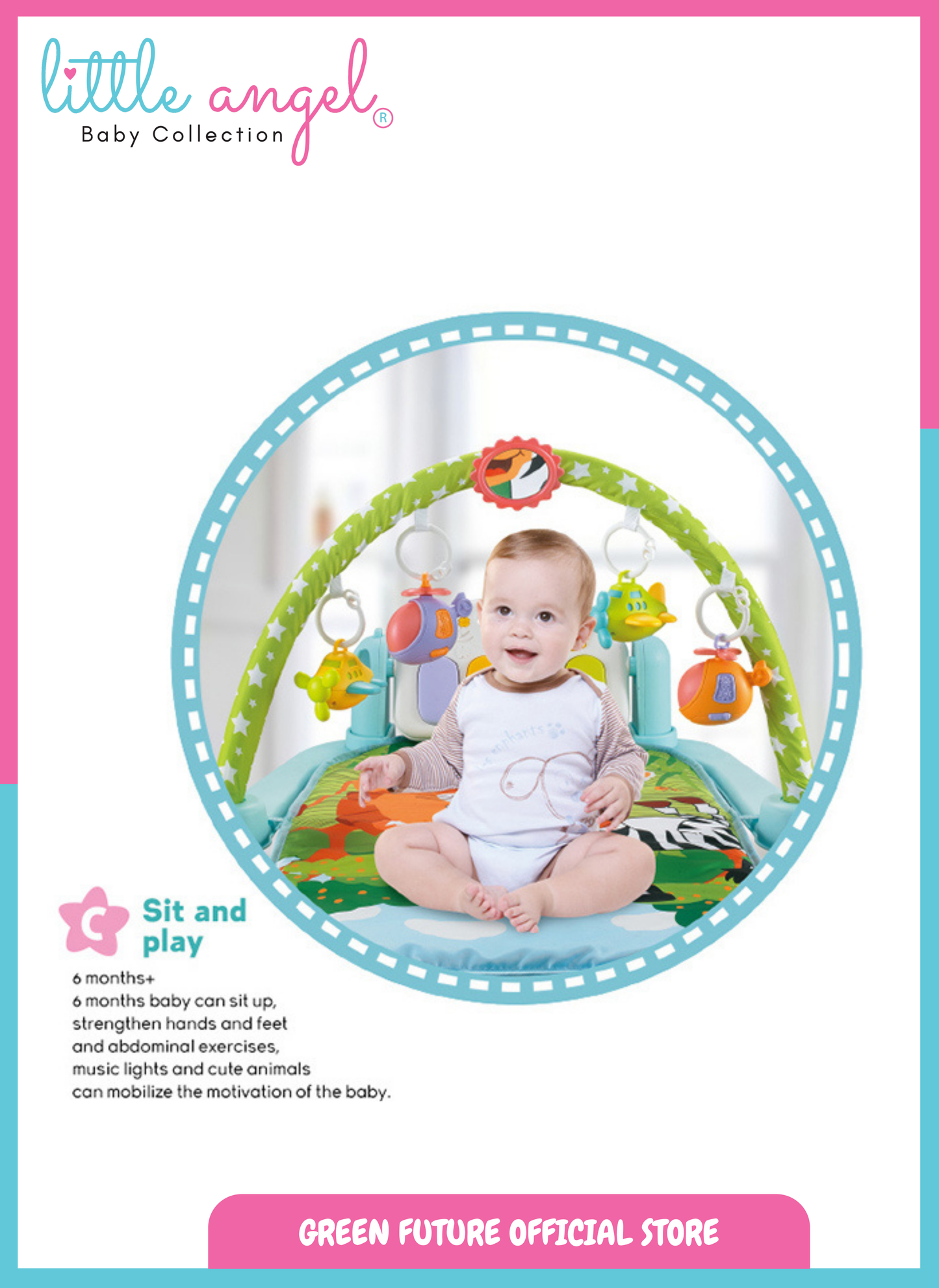 Little Angel Baby Play Mat Gym Bluetooth Music & Hanging Toys for Sensory Development - Blue