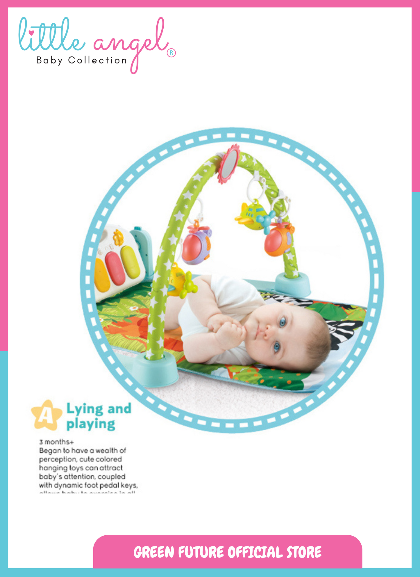 Little Angel Baby Play Mat Gym Bluetooth Music & Hanging Toys for Sensory Development - Blue