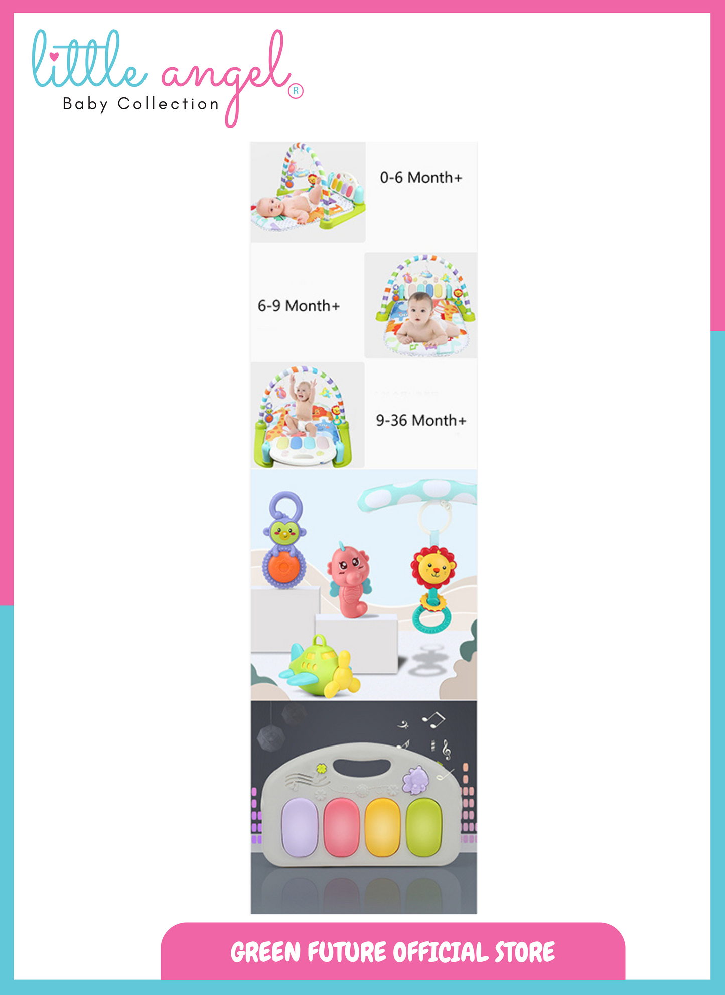 Little Angel Baby Play Mat Gym Bluetooth Music & Hanging Toys for Sensory Development - Blue