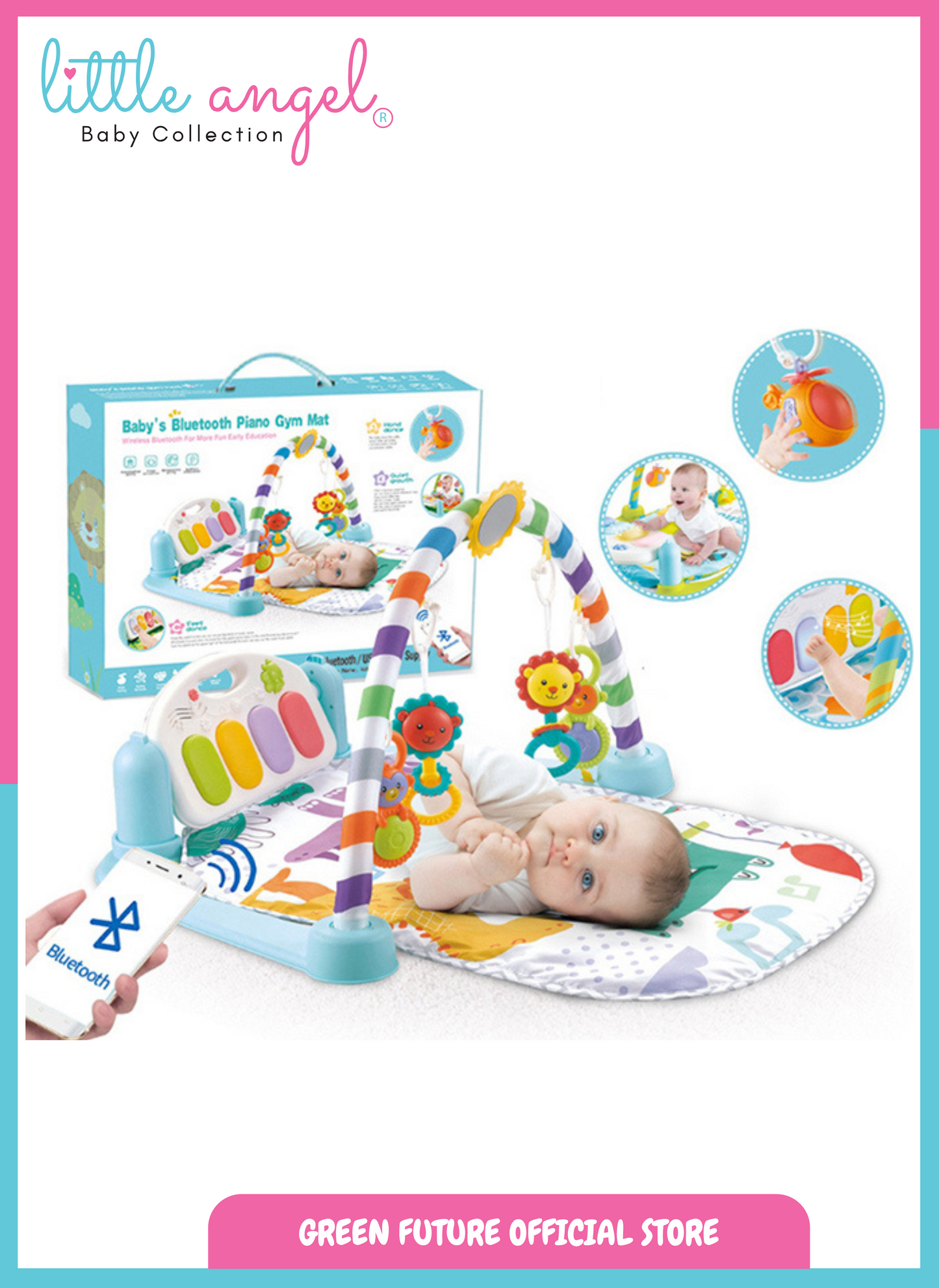 Little Angel Baby Play Mat Gym Bluetooth Music & Hanging Toys for Sensory Development - Blue