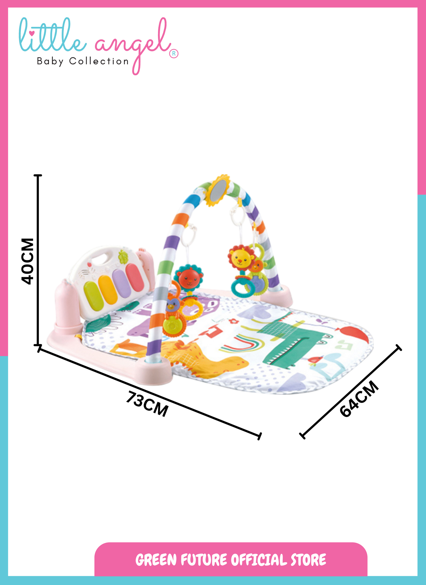 Little Angel Baby Play Mat Gym Bluetooth Music & Hanging Toys for Sensory Development - Pink