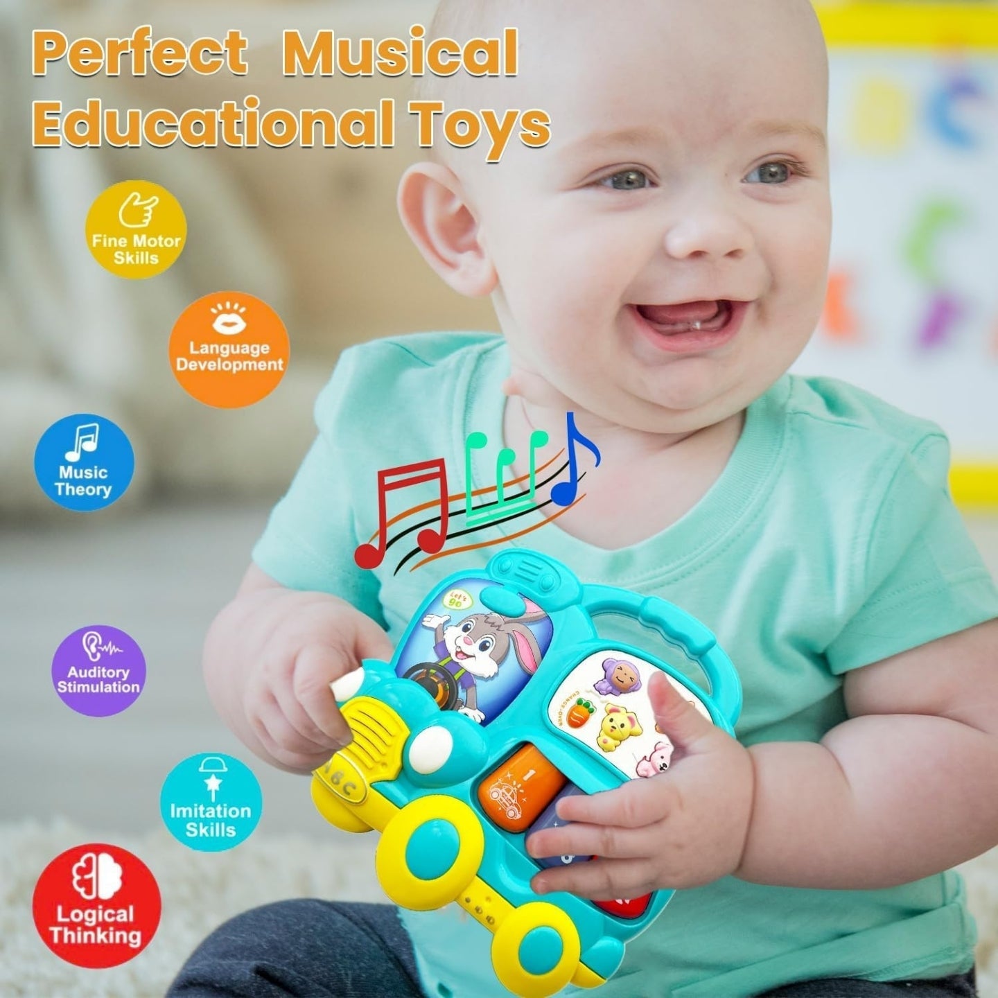 Little Angel-Baby Musical Learning Bunny Car Toy with Lights & Sounds - Blue