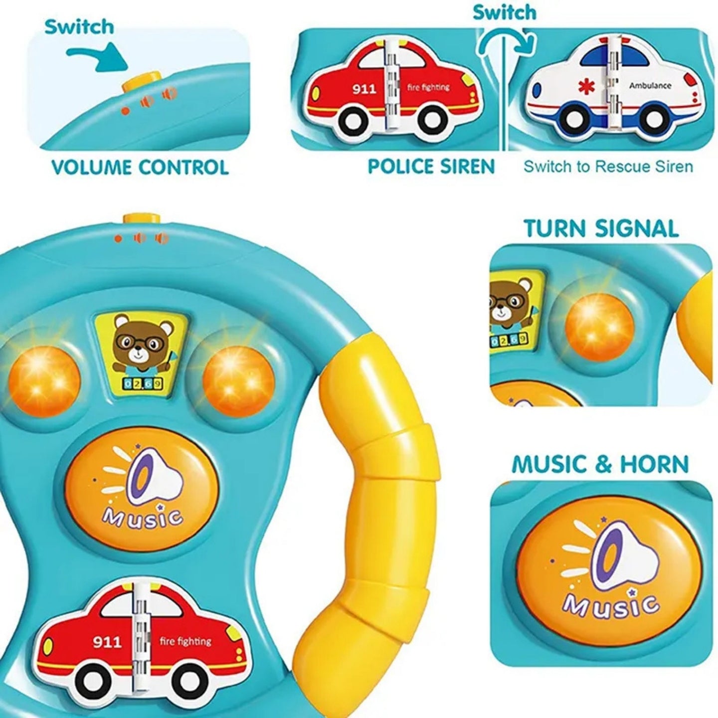 Little Angel-Baby Musical Steering Wheel Toy with Lights - Yellow