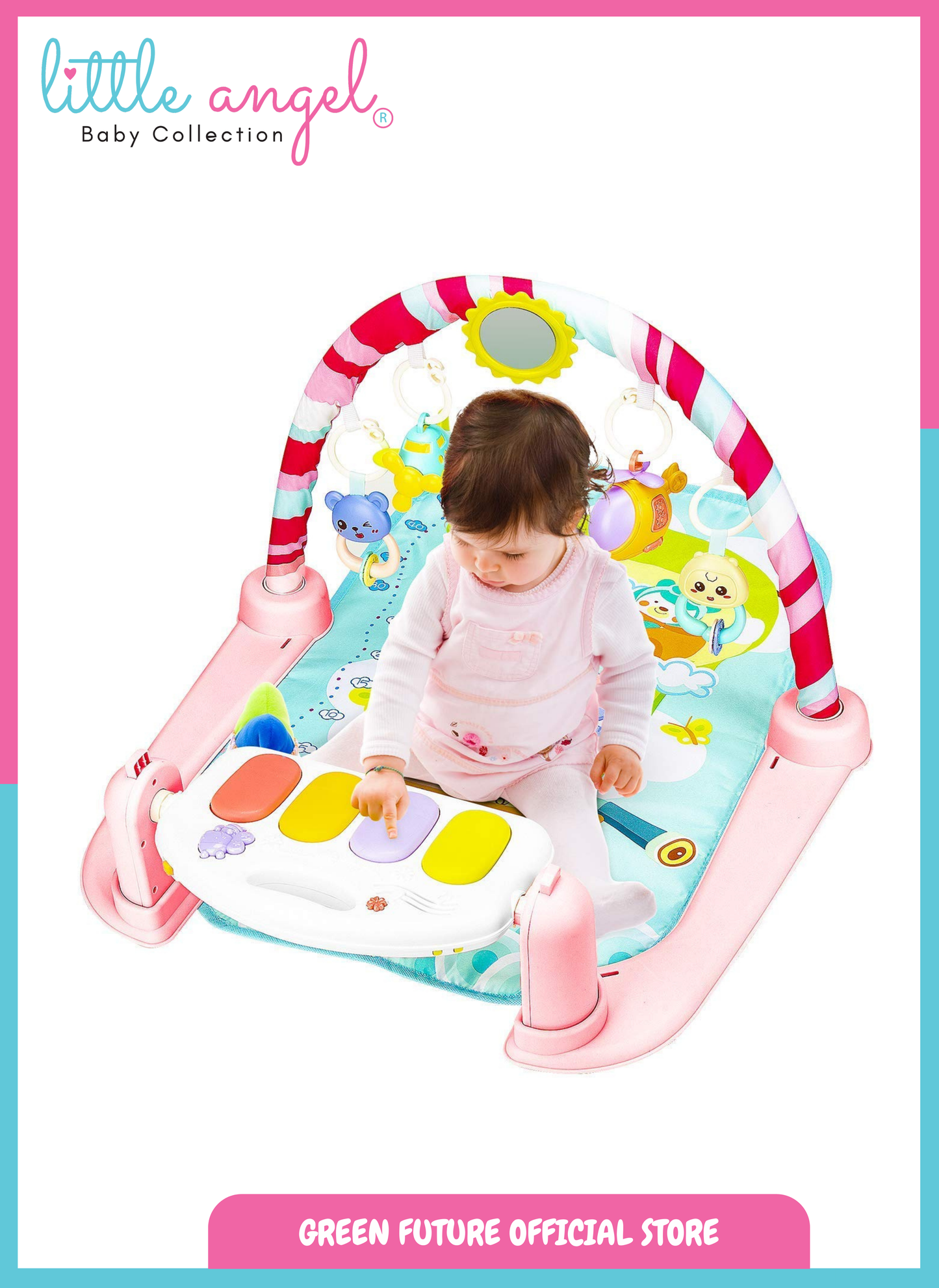 Little Angel Baby Play Mat Gym Bluetooth Music & Hanging Toys for Sensory Development - Pink