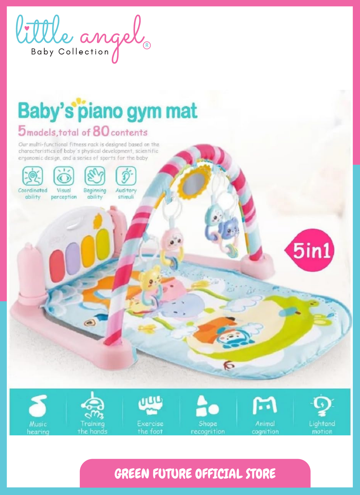 Little Angel Baby Play Mat Gym Bluetooth Music & Hanging Toys for Sensory Development - Pink