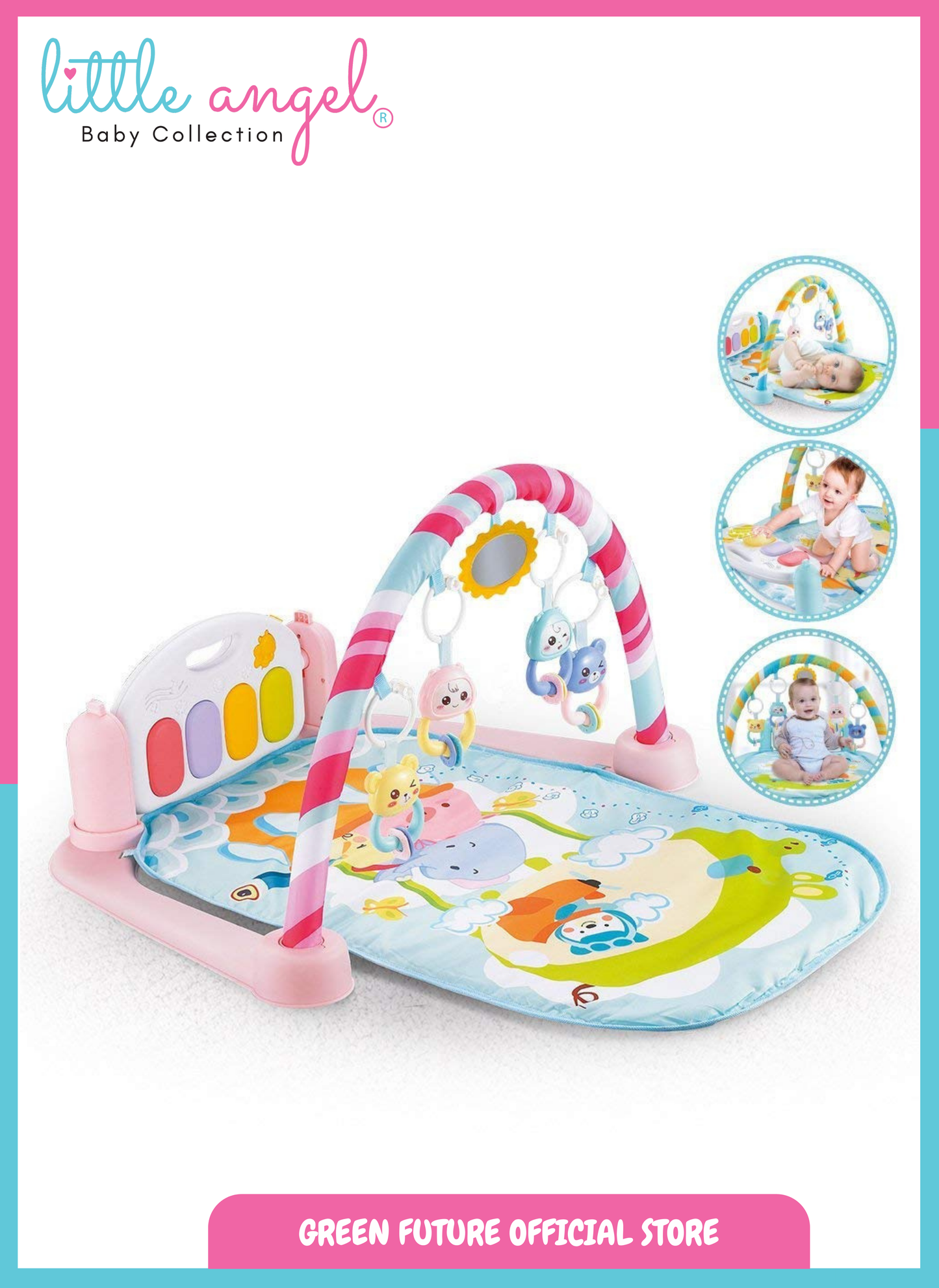 Little Angel Baby Play Mat Gym Bluetooth Music & Hanging Toys for Sensory Development - Pink
