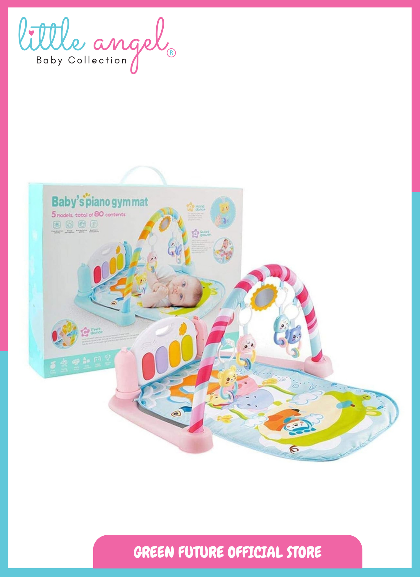 Little Angel Baby Play Mat Gym Bluetooth Music & Hanging Toys for Sensory Development - Pink