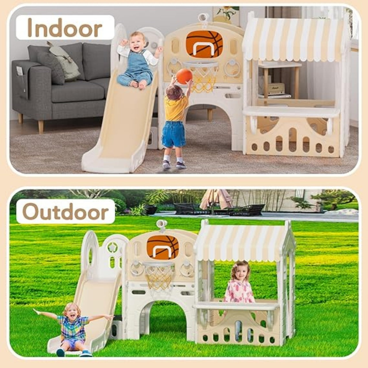 Little Angel Kids Playhouse With Slide - Coffee/Grey