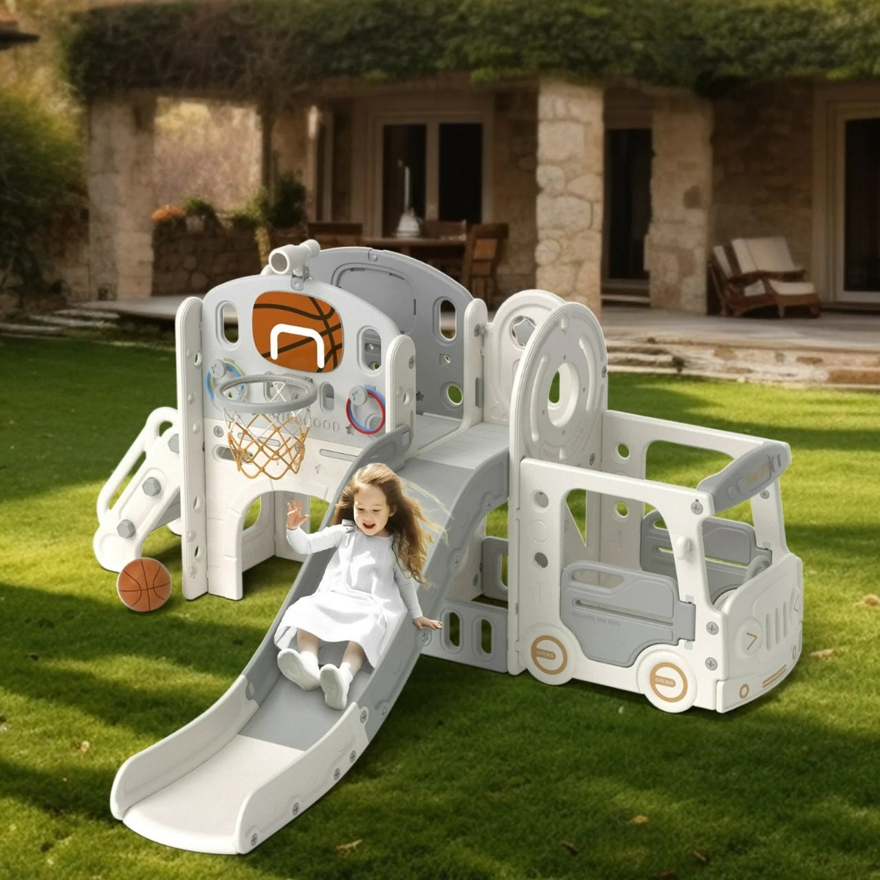 Little Angel Kids Playhouse With Slide - Coffee/Grey