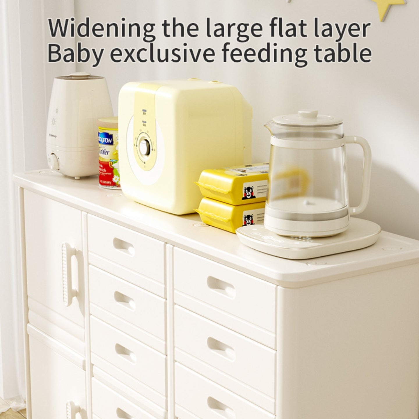 Baby Storage Rack Nursery Organizer Cabinet with Drawers and Shelves - Beige