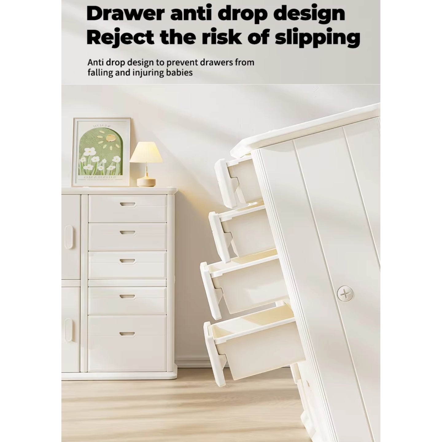 Baby Storage Rack Nursery Organizer Cabinet with Drawers and Shelves - Beige