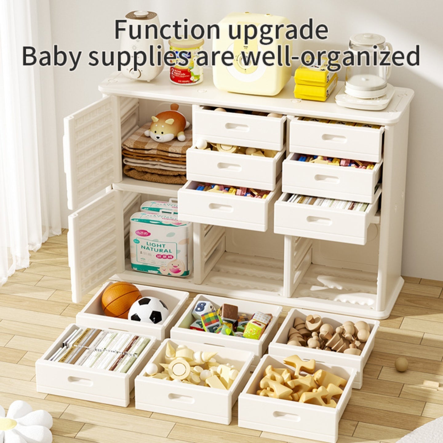 Baby Storage Rack Nursery Organizer Cabinet with Drawers and Large Shelves - Beige