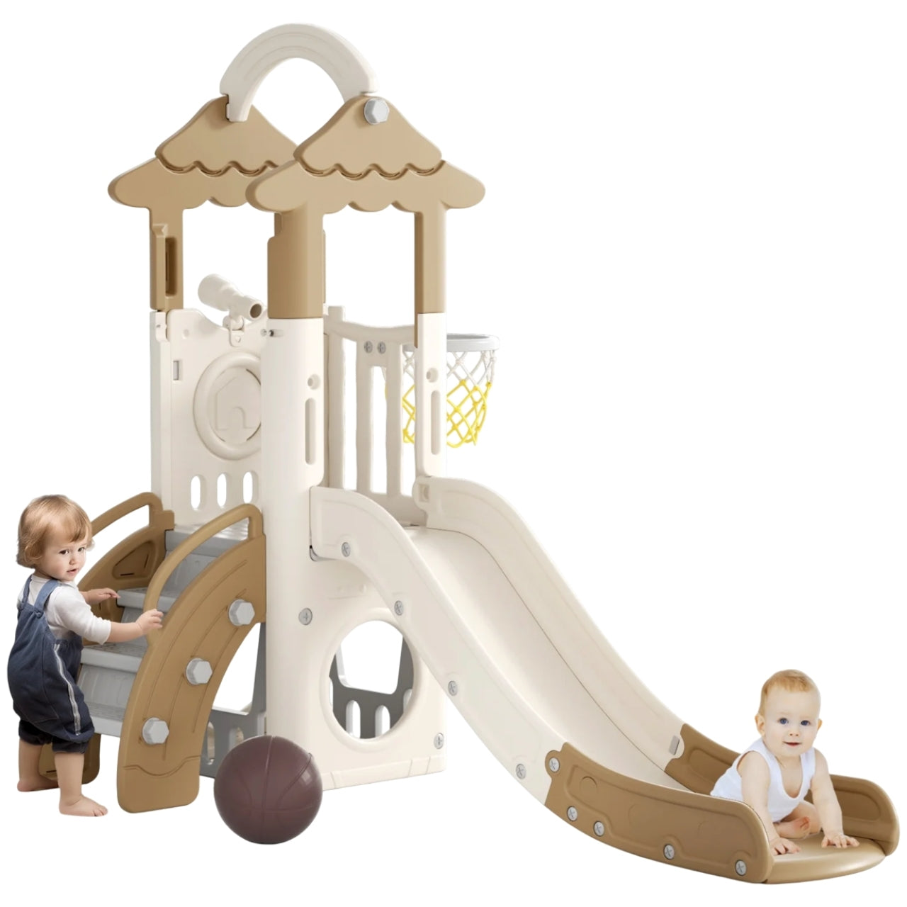 Little Angel Kids Slide, Climber & Basketball Hoop - Coffee/Green