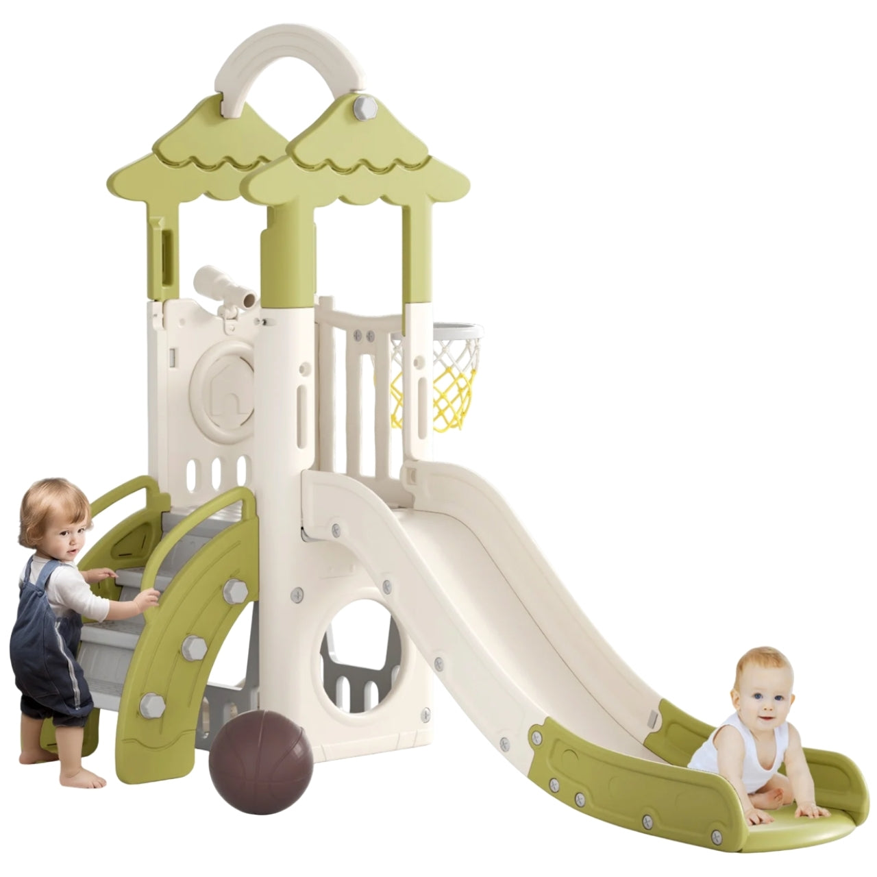 Little Angel Kids Slide, Climber & Basketball Hoop - Coffee/Green