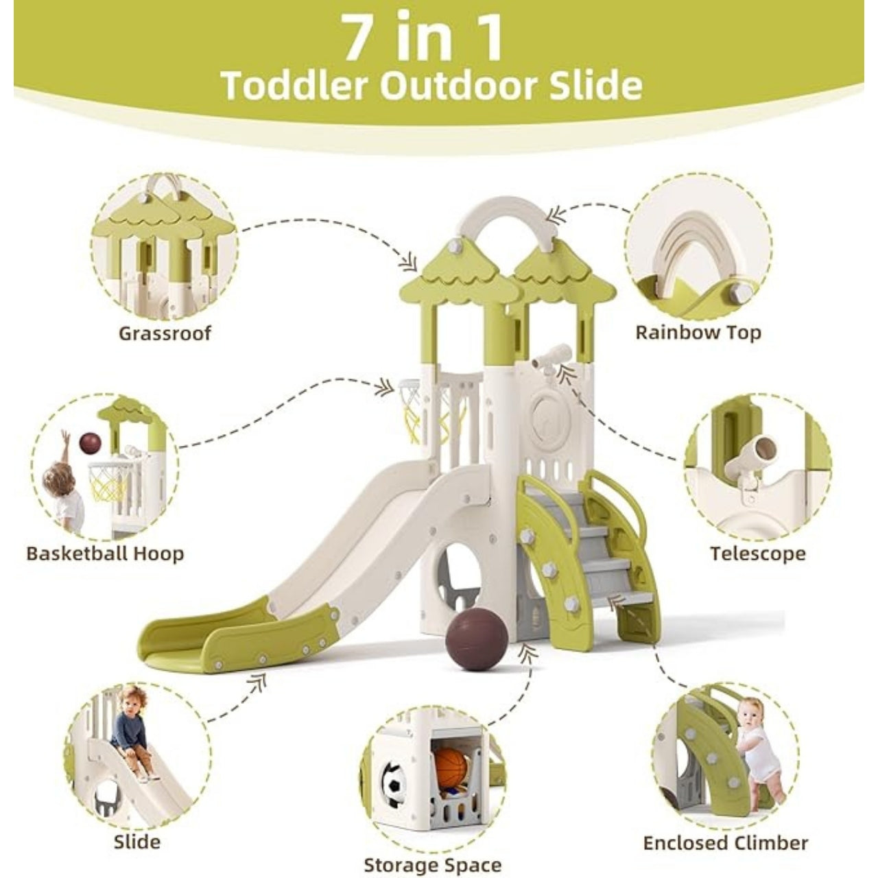 Little Angel Kids Slide, Climber & Basketball Hoop - Coffee/Green
