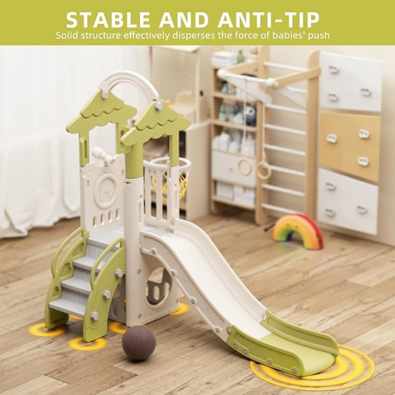 Little Angel Kids Slide, Climber & Basketball Hoop - Coffee/Green