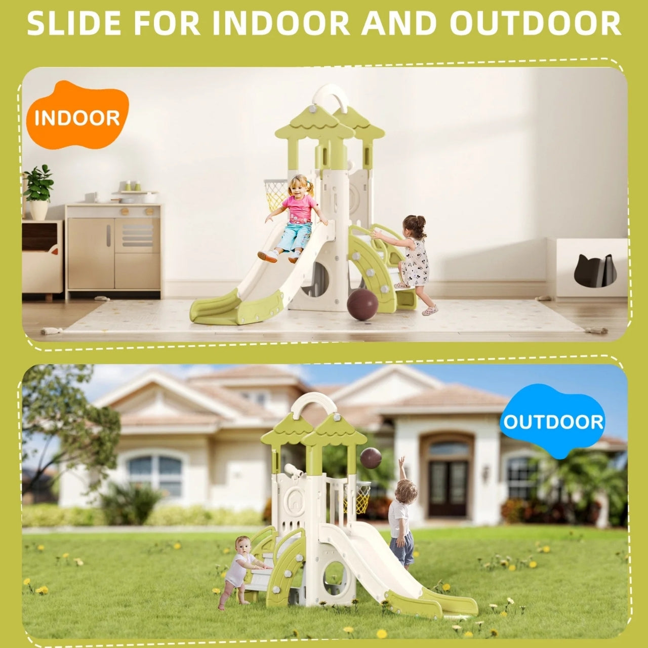 Little Angel Kids Slide, Climber & Basketball Hoop - Coffee/Green