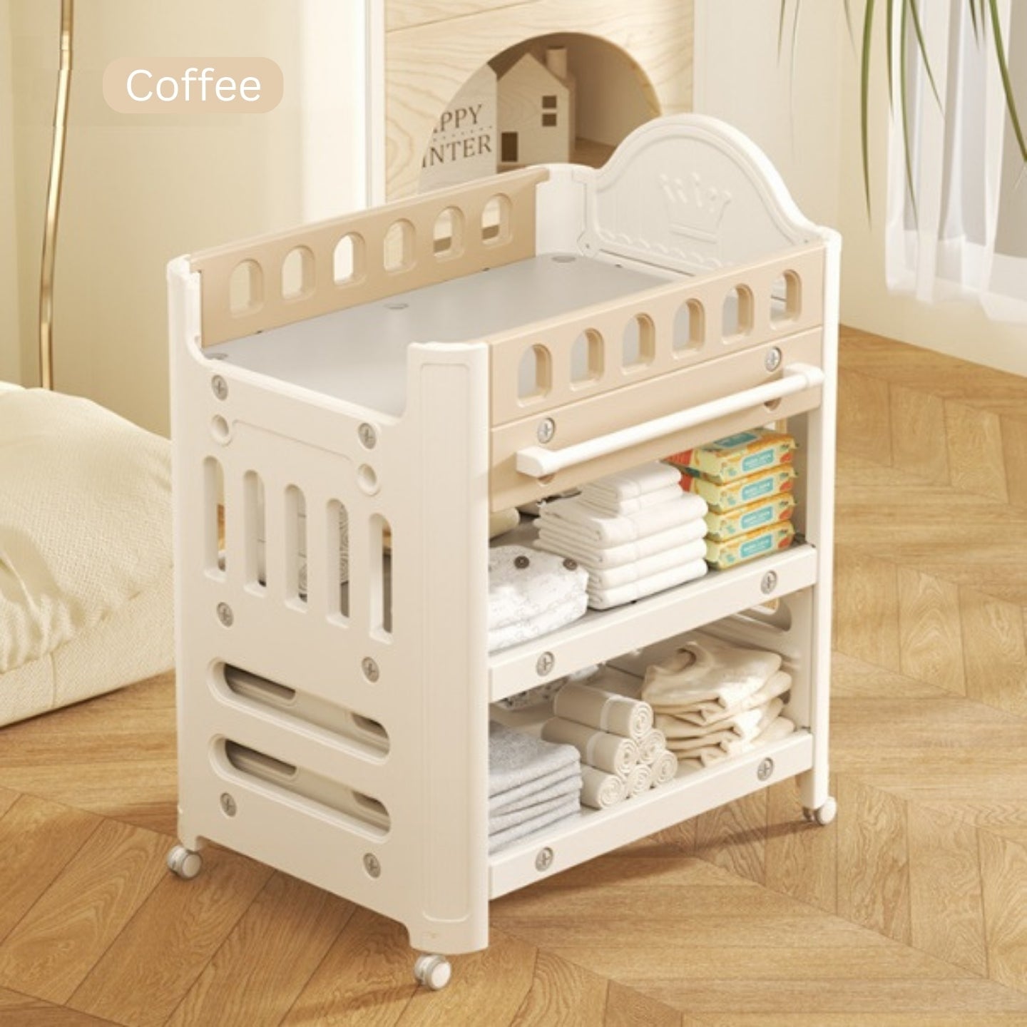 Baby Diaper Changing Table with Wheels Nursery Storage Organizer Drawers