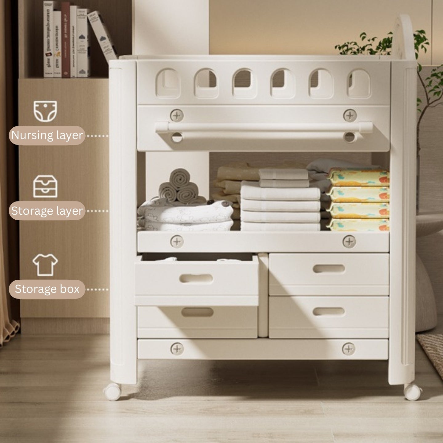 Baby Diaper Changing Table with Wheels Nursery Storage Organizer Drawers