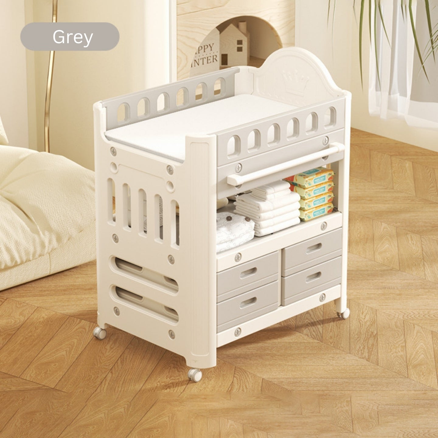 Baby Diaper Changing Table with Wheels Nursery Storage Organizer Drawers