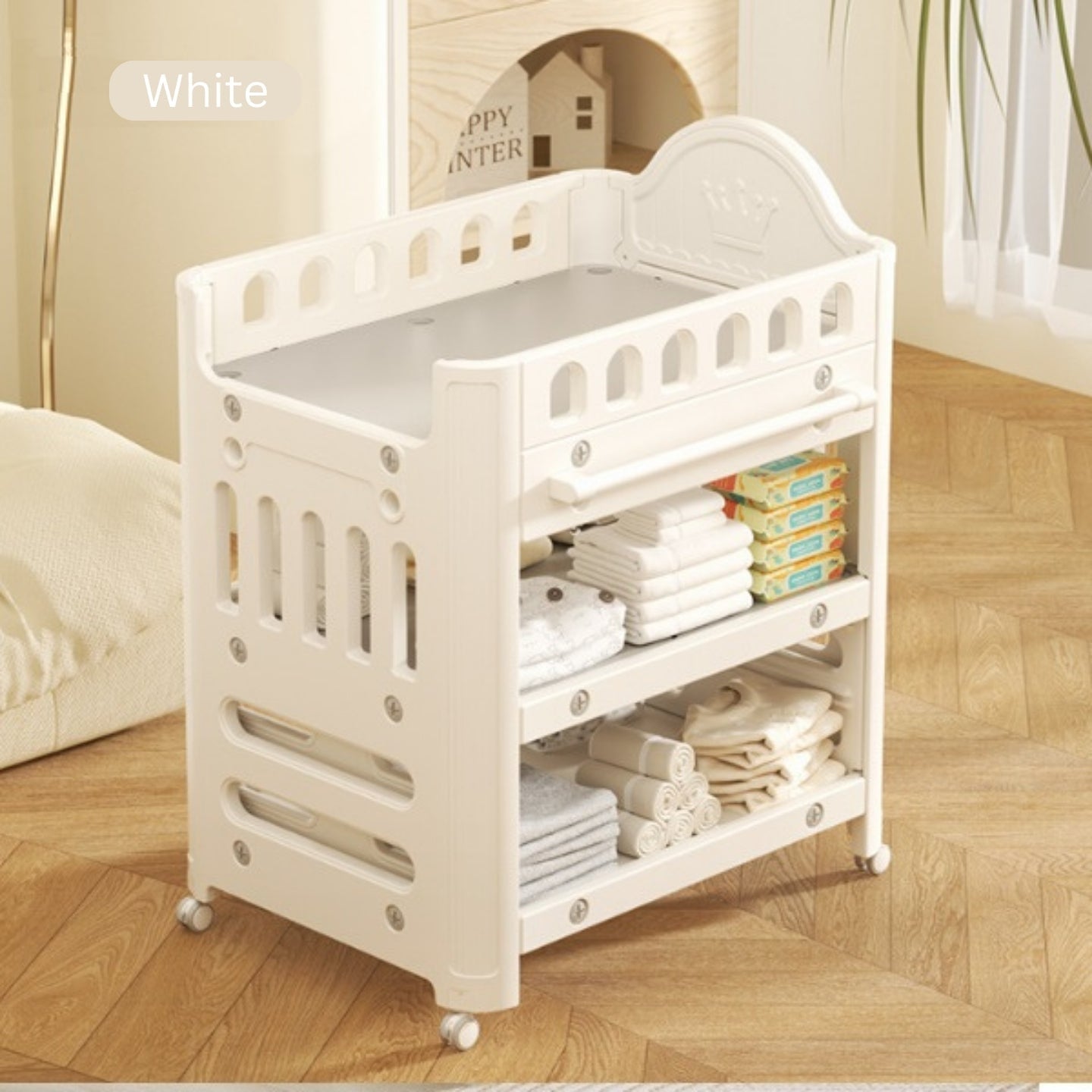 Baby Diaper Changing Table with Wheels Nursery Storage Organizer Drawers