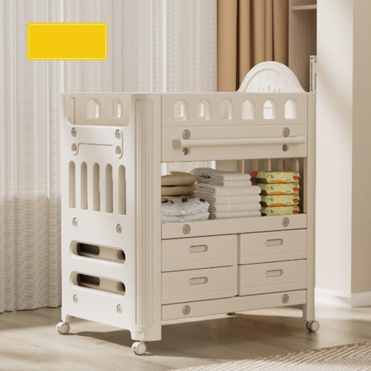 Baby Diaper Changing Table with Wheels Nursery Storage Organizer Drawers