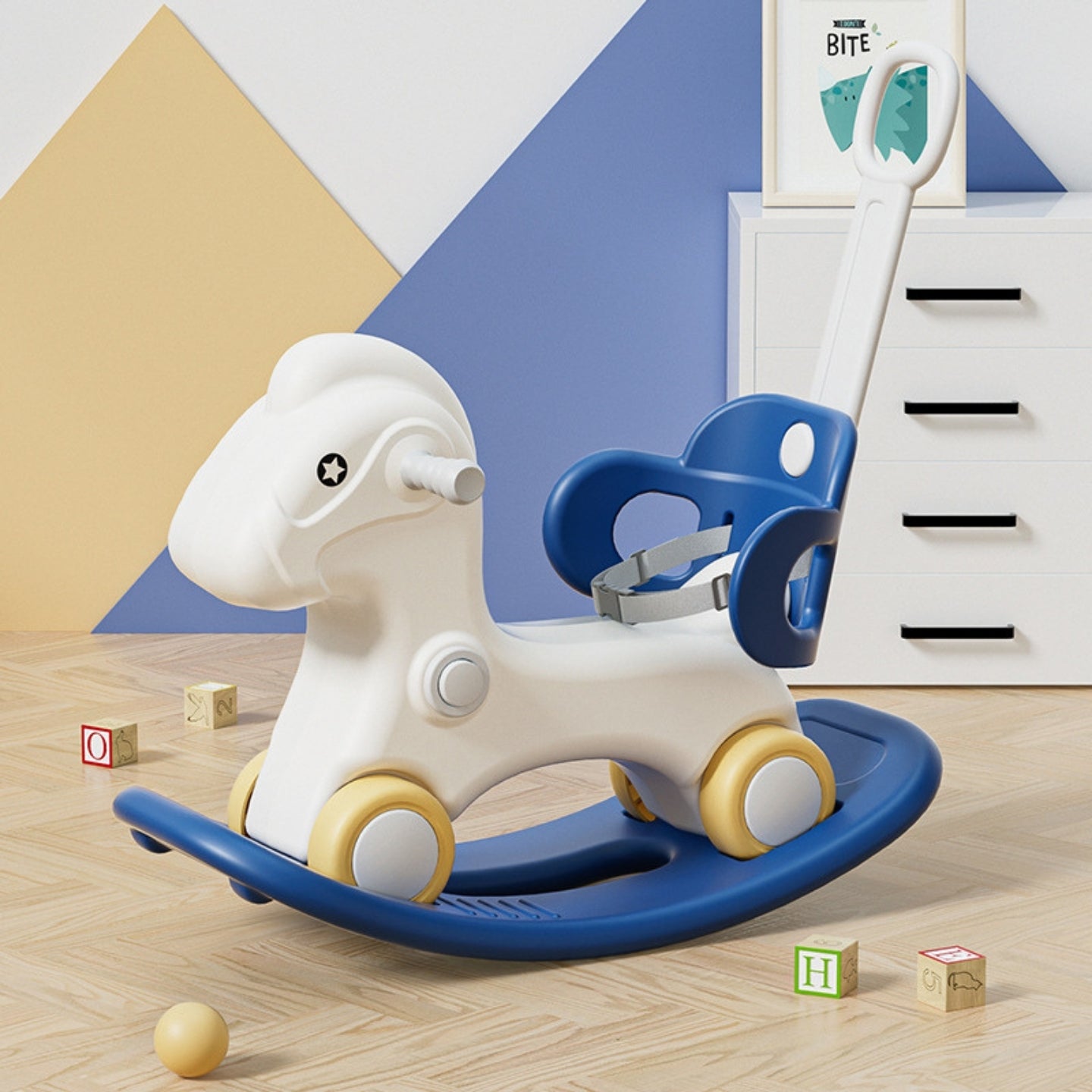 Baby Rocking Horse Ride On Toy for Kids with Handle and Backrest - Blue/Red