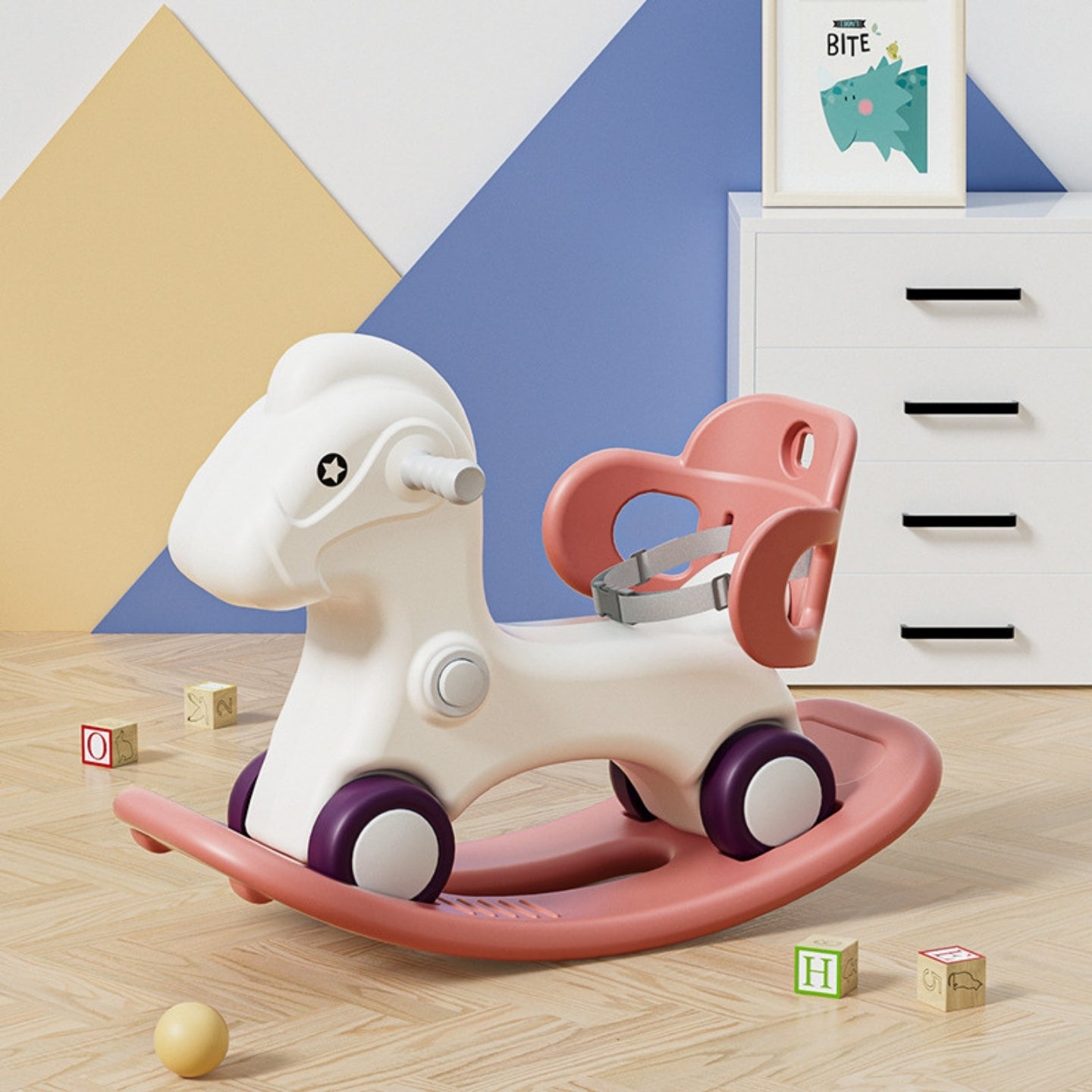 Baby Rocking Horse Ride On Toy for Kids with Handle and Backrest - Blue/Red