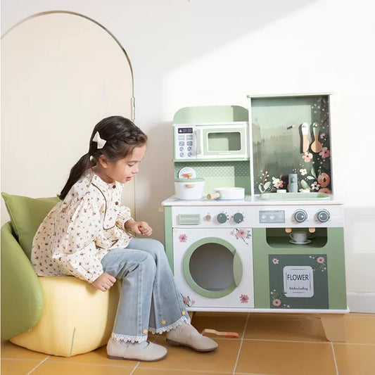 Little Angel - Kids Wooden Kitchen Pretend Play Set – Green Floral
