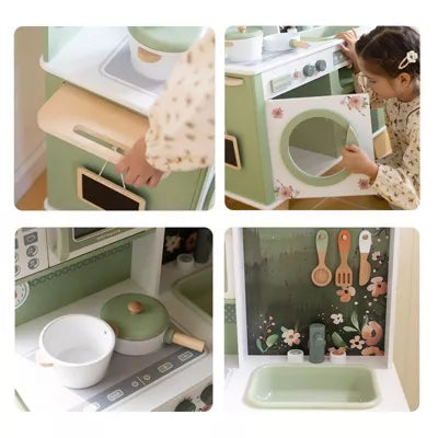 Little Angel - Kids Wooden Kitchen Pretend Play Set – Green Floral