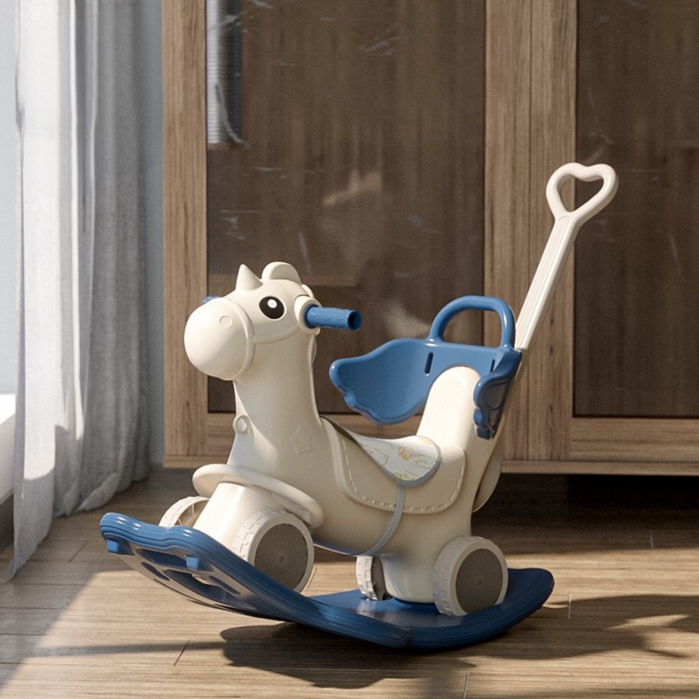 Baby Rocking Horse Ride On Toy for Kids with Handle and Backrest - Blue/Yellow