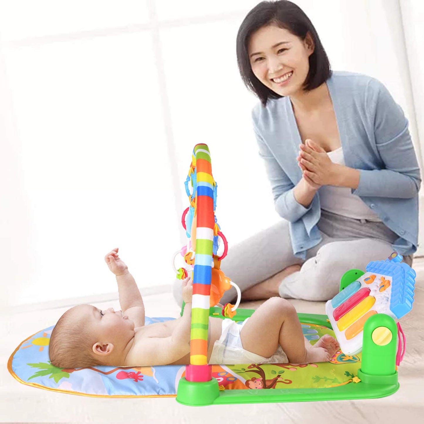 Baby Playmat w/ Piano Music, 2 in 1 Hanging Toys and Mat for Newborns and Infants, Soft Playmat for Early Learning, Pink