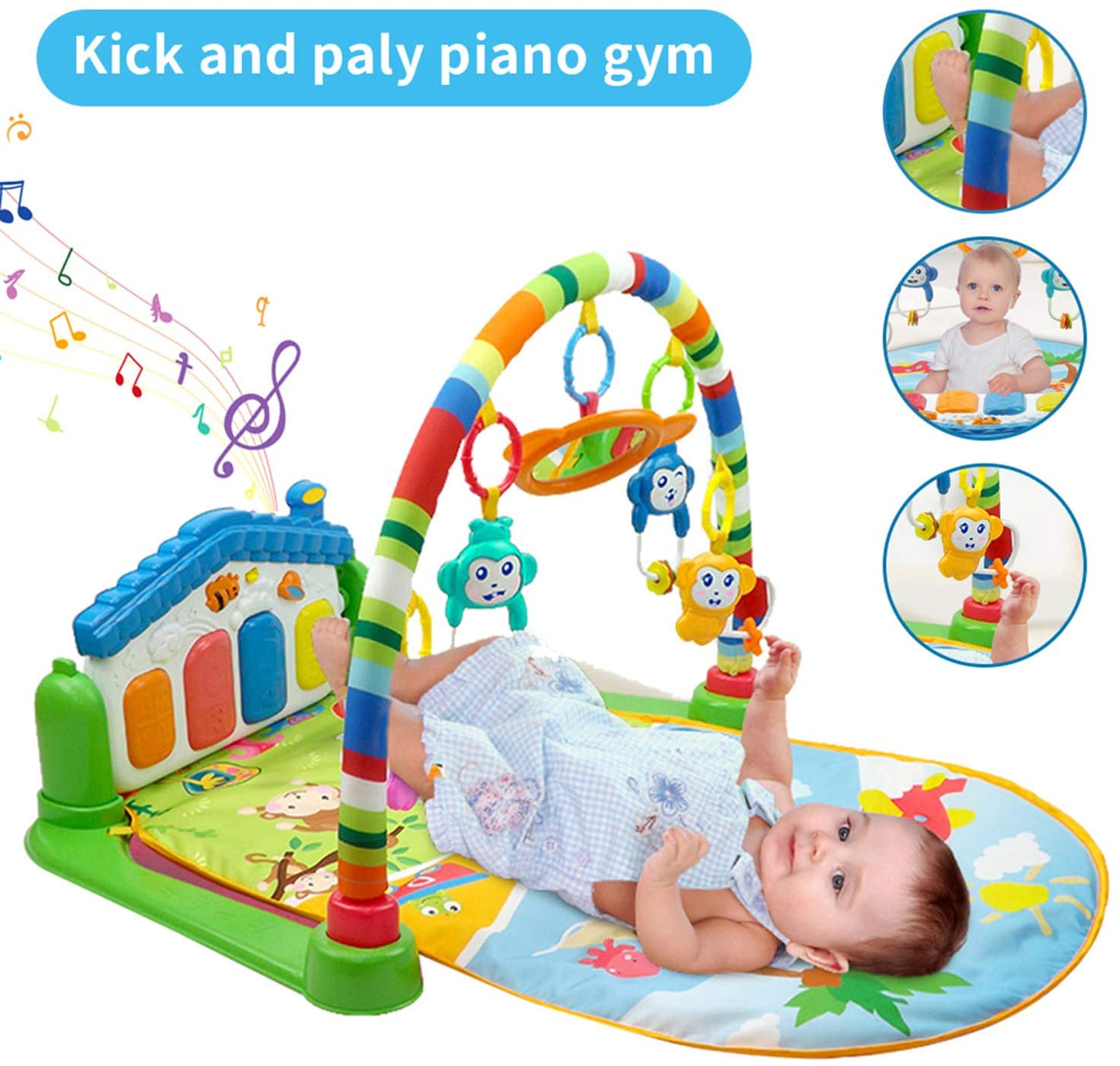 Baby Playmat w/ Piano Music, 2 in 1 Hanging Toys and Mat for Newborns and Infants, Soft Playmat for Early Learning, Pink