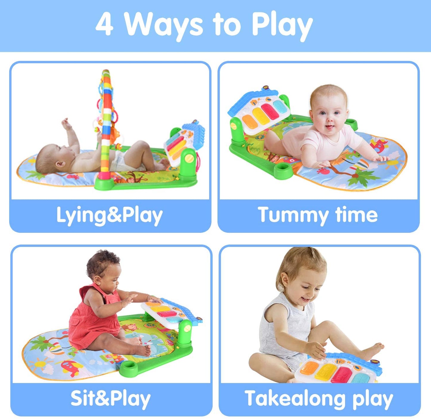 Baby Playmat w/ Piano Music, 2 in 1 Hanging Toys and Mat for Newborns and Infants, Soft Playmat for Early Learning, Pink