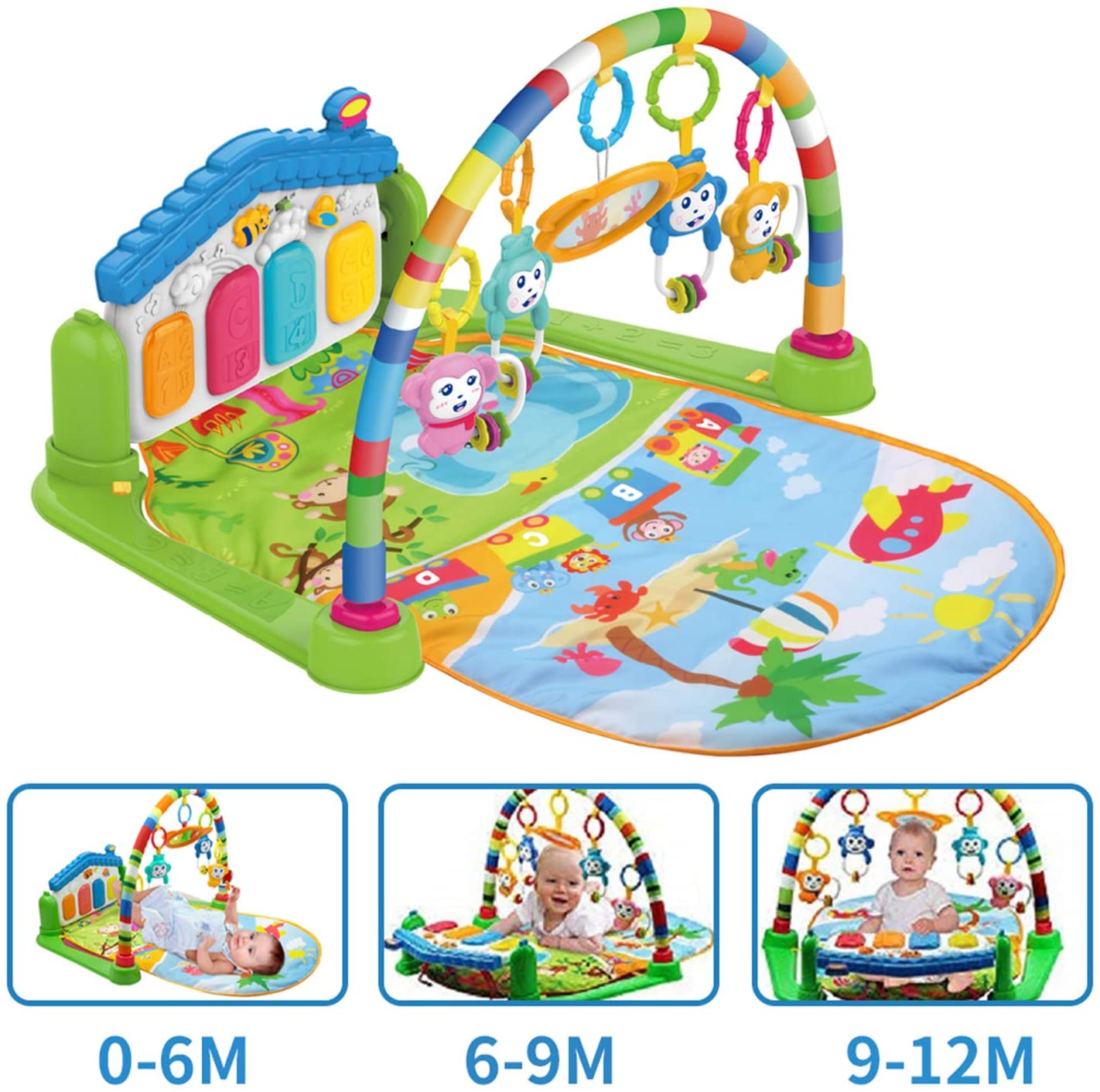 Baby Playmat w/ Piano Music, 2 in 1 Hanging Toys and Mat for Newborns and Infants, Soft Playmat for Early Learning, Pink