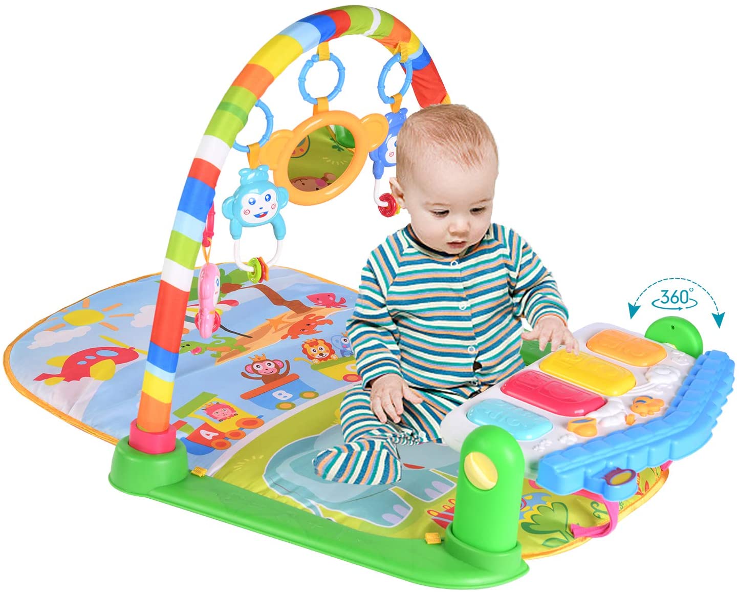 Baby Playmat w/ Piano Music, 2 in 1 Hanging Toys and Mat for Newborns and Infants, Soft Playmat for Early Learning, Pink