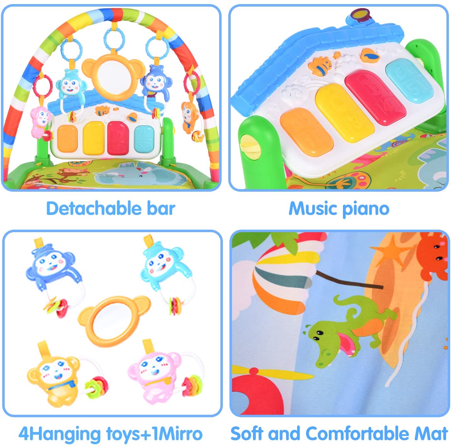 Baby Playmat w/ Piano Music, 2 in 1 Hanging Toys and Mat for Newborns and Infants, Soft Playmat for Early Learning, Pink