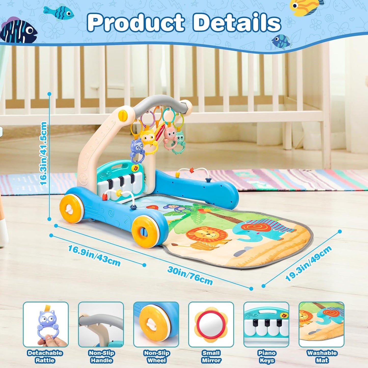 Huanger - Baby Play Gym Walker W/ Piano Activity Center - Multicolor