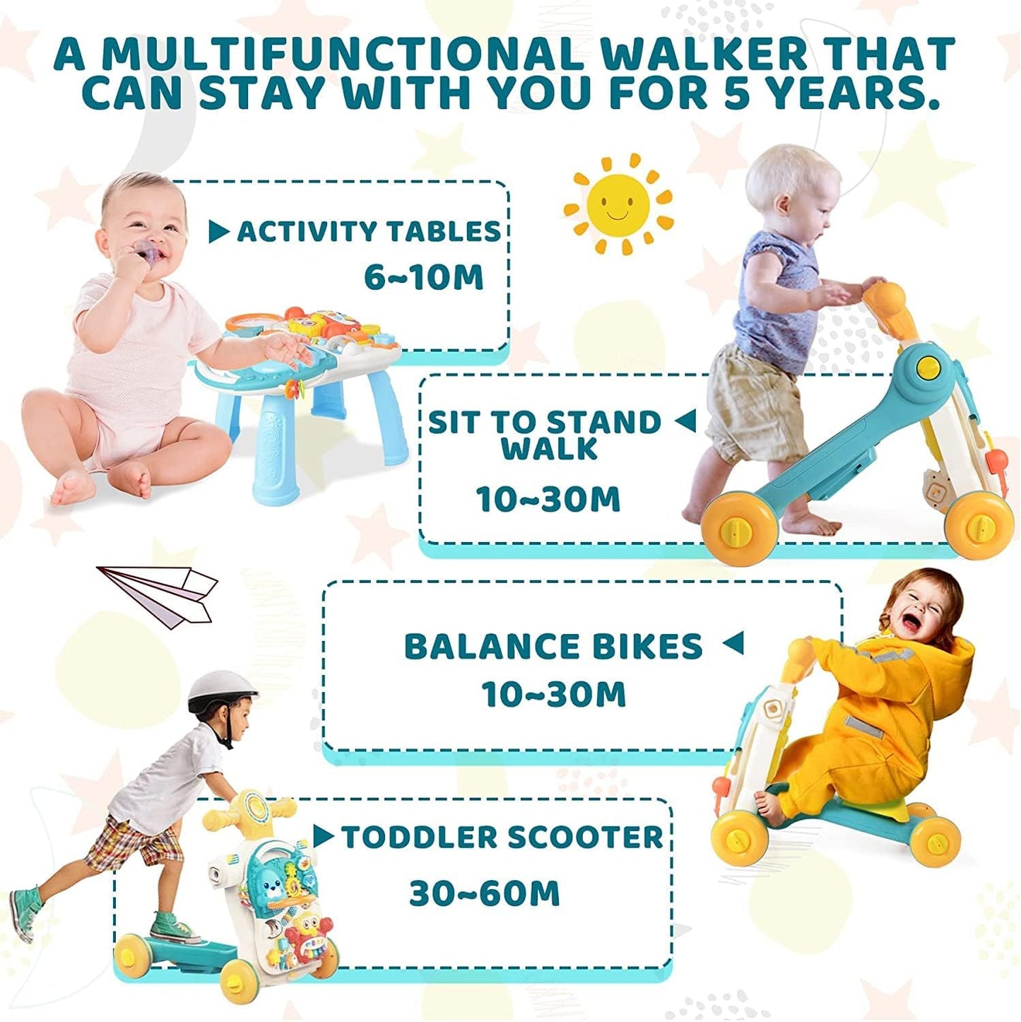 Huanger -Baby Activity Walker Sit-To-Stand Educational-Blue/Pink